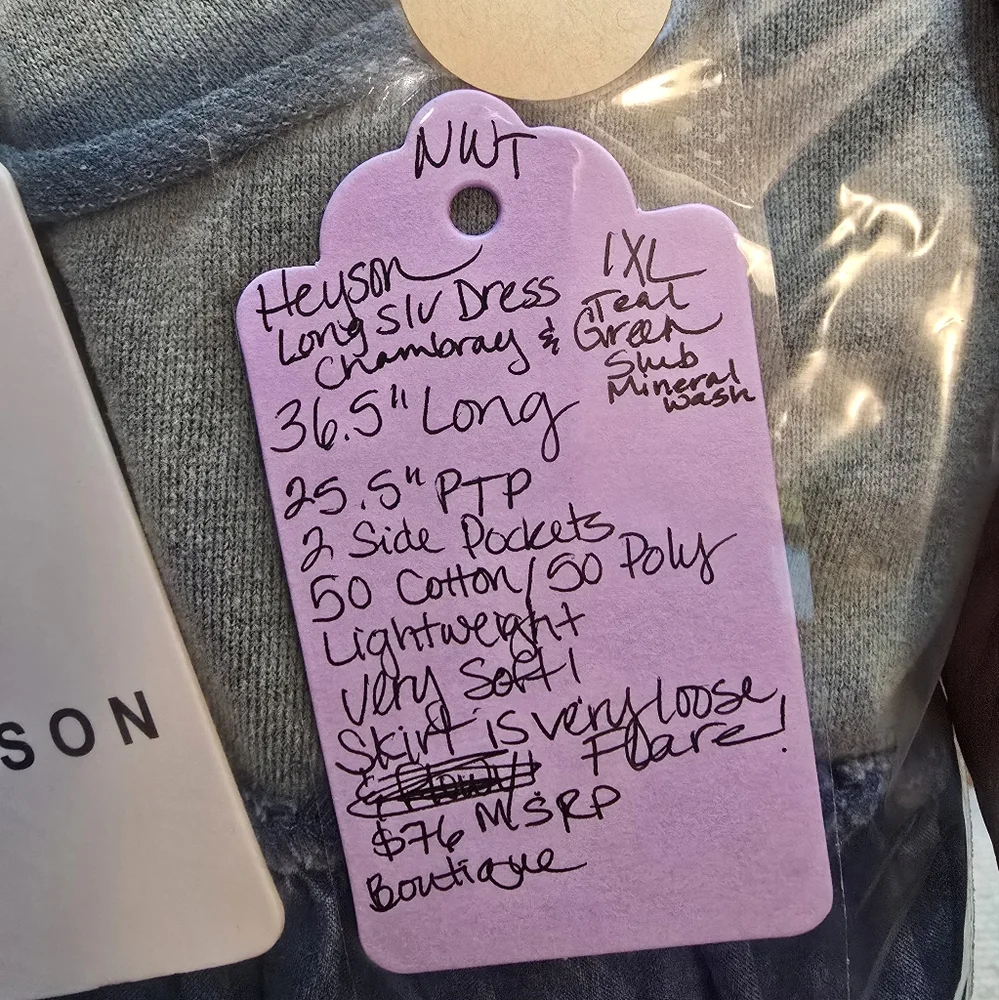 1XL NWT HEYSON Chambray/Grn Mineral Wash Dress 25.5ptp 36.5Long 2 Pockets SOFT! - Picture 5 of 16